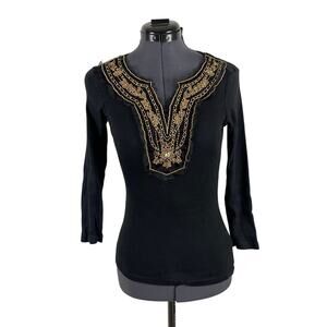 Embellished Black Ribbed Fitted Long Sleeve Vtg Y2K Embroidered Fair Boho Small